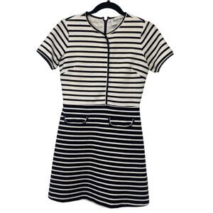 Elizabeth McKay Short Sleeve Navy White Striped Textured Fit & Flare Dress 4
